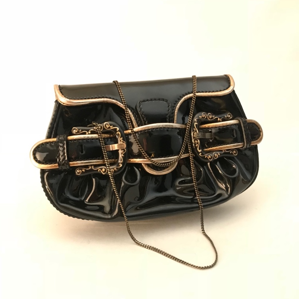 Fendi Black & Gold Patent Leather Mini B Clutch